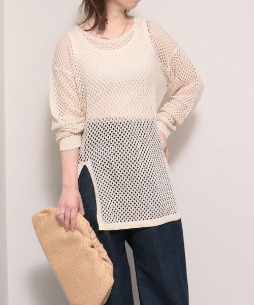 fredy emue（フレディエミュ）の「メッシュチュニックプルオーバーニット（ニット/セーター・レディース・キナリ/チャコールグレー/グリーン・38）」の2枚目の写真