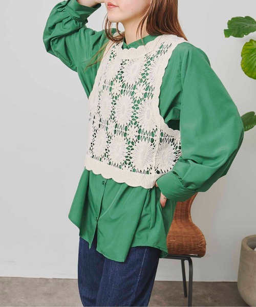 CPCM(シーピーシーエム)の「クロシェベストセット長袖ブラウス(Tシャツ/カットソー・レディース・ブラック/オフホワイト/グリーン・FREE)」の3枚目の写真