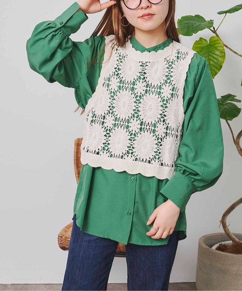 CPCM(シーピーシーエム)の「クロシェベストセット長袖ブラウス(Tシャツ/カットソー・レディース・ブラック/オフホワイト/グリーン・FREE)」の9枚目の写真