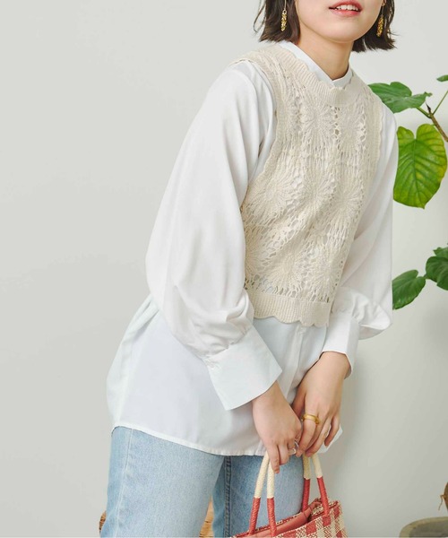 CPCM(シーピーシーエム)の「クロシェベストセット長袖ブラウス(Tシャツ/カットソー・レディース・ブラック/オフホワイト/グリーン・FREE)」の6枚目の写真