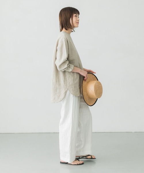 美品☆かぐれ リネン ドビー ストライプ パンツ 麻 ベージュ レース かぐれ - 美品☆かぐれ リネン ドビー ストライプ パンツ 麻