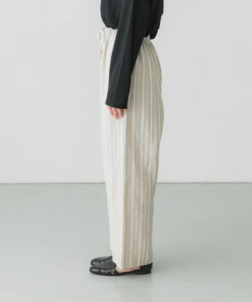 美品☆かぐれ リネン ドビー ストライプ パンツ 麻 ベージュ レース 美品 かぐれ リネン ドビー ストライプ パンツ 麻 ベージュ