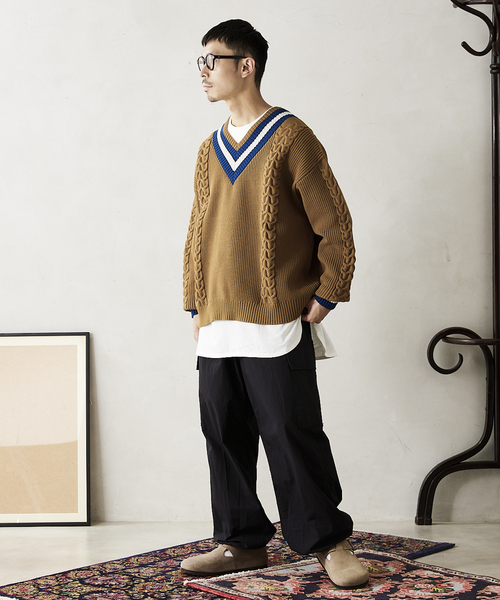 JOURNAL STANDARD relume（ジャーナルスタンダード　レリューム）の「【ニット+カットソーの2点SET】リサイクルポリ チルデンニット（ニット/セーター・メンズ・ブラック/ネイビー/グリーン/ボルドー/キャメル・MEDIUM/LARGE）」の4枚目の写真