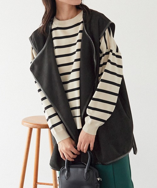 Chaco closet(チャコ クローゼット)の「スエードポンチレザーパイピングジレ(ベスト・レディース・ブラック/アイボリー/グレイッシュベージュ・FREE)」の16枚目の写真