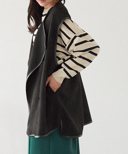 Chaco closet(チャコ クローゼット)の「スエードポンチレザーパイピングジレ(ベスト・レディース・ブラック/アイボリー/グレイッシュベージュ・FREE)」の19枚目の写真