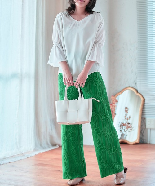 anown(アノン)の「変形プリーツ ワイドパンツ ストレートパンツ プリーツパンツ カラーパンツ セルフカット 低身長 パンツ ウエストゴム(その他パンツ・レディース・ブルー/ブラック/グリーン・FREE)」の14枚目の写真
