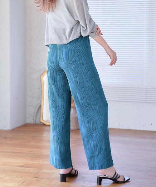 anown(アノン)の「変形プリーツ ワイドパンツ ストレートパンツ プリーツパンツ カラーパンツ セルフカット 低身長 パンツ ウエストゴム(その他パンツ・レディース・ブルー/ブラック/グリーン・FREE)」の7枚目の写真
