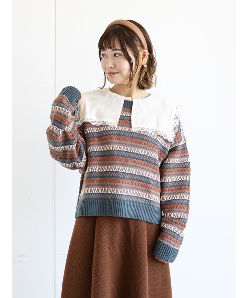 ehka sopo（エヘカソポ）の「幾何学柄前後着カーディガン（カーディガン/ボレロ・レディース・ブラウン/ブルー/グリーン/ベージュ・ﾌﾘ-）」の4枚目の写真