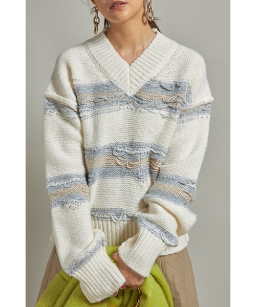 &. NOSTALGIA(アンドドットノスタルジア)の「裏編みボーダーニットプルオーバー(ニット/セーター・レディース・イエロー/アイボリー・FREE)」の1枚目の写真