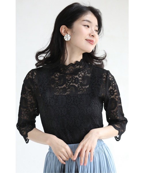 Tシャツ卒業宣言5分袖シアーレースインナー トップス ハイネック