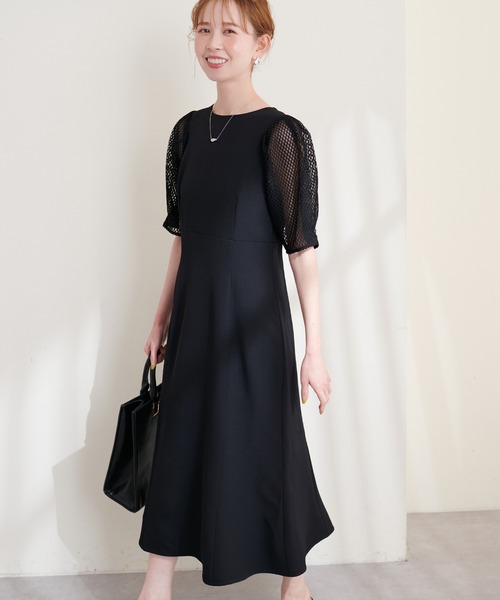 natural couture(ナチュラルクチュール)の「オケージョン対応可能 / 異素材メッシュスリーブドレス(ドレス・レディース・ブラック/アイボリー/サックスブルー・FREE)」の2枚目の写真