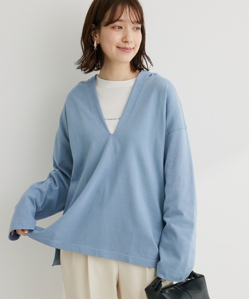 Green　Parks（グリーンパークス）の「・Double　Flags　10ozスキッパーフーディ（Tシャツ/カットソー・レディース・グリーン/モカ/サックスブルー/杢グレー・FREE）」の4枚目の写真