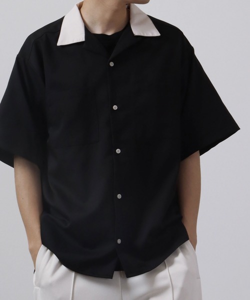 新品 Lサイズ クレリック オープンカラー 半袖 シャツ 3015 54 ベージュ×黒 BEIGE BLACK オーバーサイズ ビッグサイズ ドロップショルダー メンズ オープンカラー オーバーサイズ バック刺繍 オープン クレリックオープンカラードレープシャツ