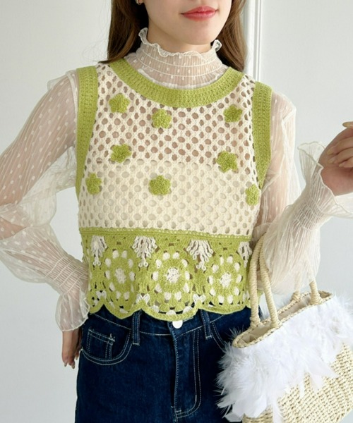 Loueme(ルエム)の「【23S/S】フラワークロシェかぎ編みベスト(ベスト・レディース・ライトブルー/ブラック/ライトグリーン・FREE)」の16枚目の写真
