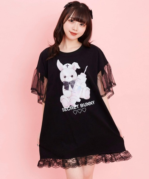 Secret Honey(シークレットハニー)の「チュール袖うさぎプリントTシャツ(Tシャツ/カットソー・レディース・ピンク/キナリ/ブラック/ライトピンク/オフホワイト/ブラック系その他・FREE)」の5枚目の写真