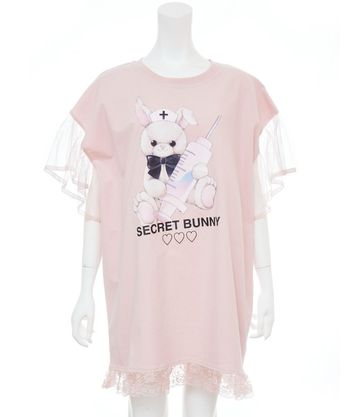 Secret Honey(シークレットハニー)の「チュール袖うさぎプリントTシャツ(Tシャツ/カットソー・レディース・ピンク/キナリ/ブラック/ライトピンク/オフホワイト/ブラック系その他・FREE)」の1枚目の写真
