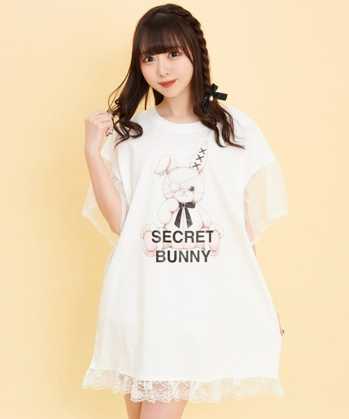 Secret Honey(シークレットハニー)の「チュール袖うさぎプリントTシャツ(Tシャツ/カットソー・レディース・ピンク/キナリ/ブラック/ライトピンク/オフホワイト/ブラック系その他・FREE)」の2枚目の写真