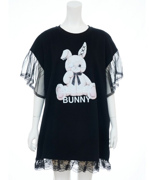 Secret Honey(シークレットハニー)の「チュール袖うさぎプリントTシャツ(Tシャツ/カットソー・レディース・ピンク/キナリ/ブラック/ライトピンク/オフホワイト/ブラック系その他・FREE)」の4枚目の写真