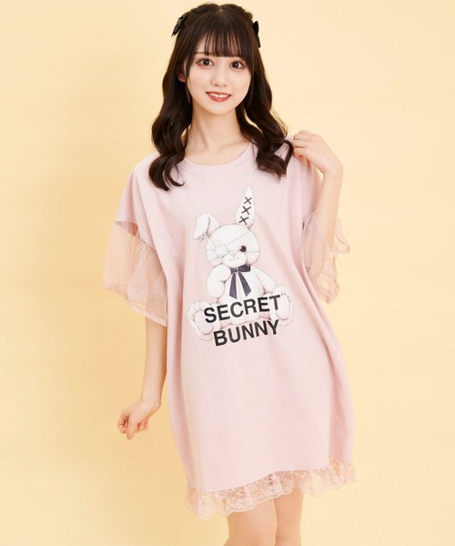 Secret Honey(シークレットハニー)の「チュール袖うさぎプリントTシャツ(Tシャツ/カットソー・レディース・ピンク/キナリ/ブラック/ライトピンク/オフホワイト/ブラック系その他・FREE)」の7枚目の写真