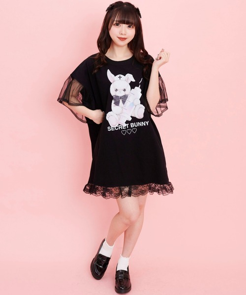 Secret Honey(シークレットハニー)の「チュール袖うさぎプリントTシャツ(Tシャツ/カットソー・レディース・ピンク/キナリ/ブラック/ライトピンク/オフホワイト/ブラック系その他・FREE)」の16枚目の写真