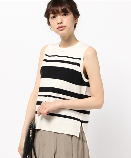 DISCOAT（ディスコート）の「【Discoat】ランダムボーダーノースリニット（ニット/セーター・レディース・キャメル/オフホワイト/ネイビー・LARGE/MEDIUM）」の2枚目の写真