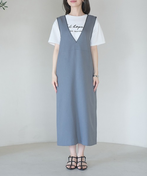 VIS（ビス）の「【防シワ】パウダリーツイルIラインジャンパースカート（ジャンパースカート・レディース・ブラック/チャコールグレー・FREE）」の7枚目の写真