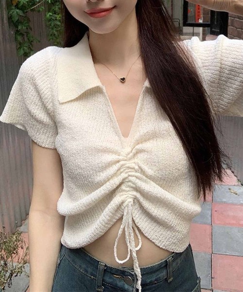 NANEA(ナネア)の「ミニ丈襟付トップス フロントシャーリングリボン(Tシャツ/カットソー・レディース・ホワイト/ピンク/グリーン/イエロー/ブルー/ブラック・SMALL)」の1枚目の写真