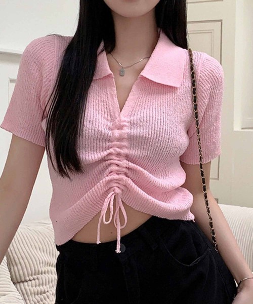 NANEA(ナネア)の「ミニ丈襟付トップス フロントシャーリングリボン(Tシャツ/カットソー・レディース・ホワイト/ピンク/グリーン/イエロー/ブルー/ブラック・SMALL)」の6枚目の写真