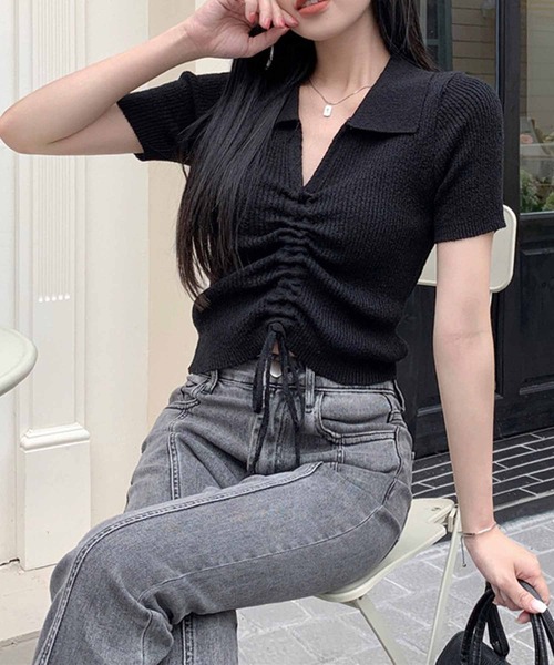 NANEA(ナネア)の「ミニ丈襟付トップス フロントシャーリングリボン(Tシャツ/カットソー・レディース・ホワイト/ピンク/グリーン/イエロー/ブルー/ブラック・SMALL)」の7枚目の写真