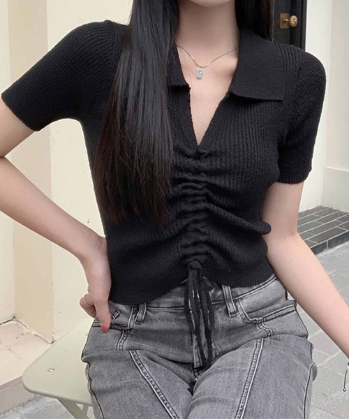 NANEA(ナネア)の「ミニ丈襟付トップス フロントシャーリングリボン(Tシャツ/カットソー・レディース・ホワイト/ピンク/グリーン/イエロー/ブルー/ブラック・SMALL)」の8枚目の写真
