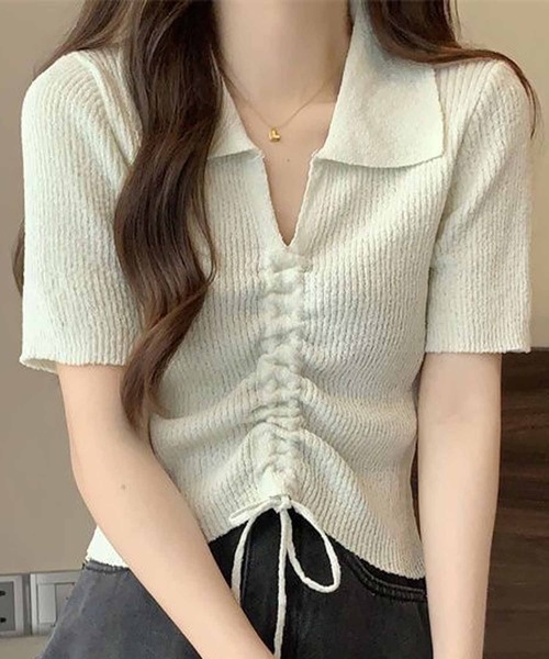NANEA(ナネア)の「ミニ丈襟付トップス フロントシャーリングリボン(Tシャツ/カットソー・レディース・ホワイト/ピンク/グリーン/イエロー/ブルー/ブラック・SMALL)」の13枚目の写真