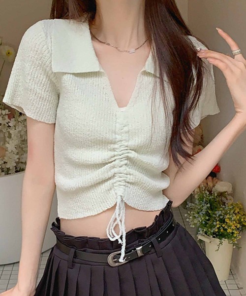 NANEA(ナネア)の「ミニ丈襟付トップス フロントシャーリングリボン(Tシャツ/カットソー・レディース・ホワイト/ピンク/グリーン/イエロー/ブルー/ブラック・SMALL)」の11枚目の写真
