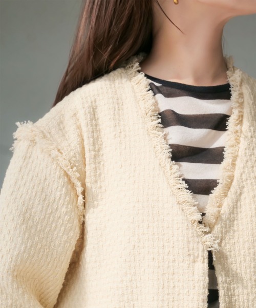 KOBE LETTUCE（コウベレタス）の「[ 田中亜希子さんコラボ ] 低身長サイズあり 選べる2タイプツイードジャケット（ノーカラージャケット・レディース・ホワイト系その他/ホワイト系/ホワイト×ブラック/ブラック/ホワイト系1/ブラック系・M2/2/M1/1）」の13枚目の写真