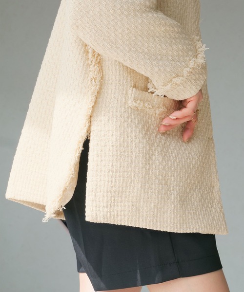 KOBE LETTUCE（コウベレタス）の「[ 田中亜希子さんコラボ ] 低身長サイズあり 選べる2タイプツイードジャケット（ノーカラージャケット・レディース・ホワイト系その他/ホワイト系/ホワイト×ブラック/ブラック/ホワイト系1/ブラック系・M2/2/M1/1）」の14枚目の写真