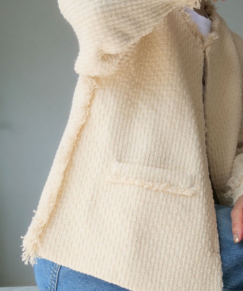 KOBE LETTUCE（コウベレタス）の「[ 田中亜希子さんコラボ ] 低身長サイズあり 選べる2タイプツイードジャケット（ノーカラージャケット・レディース・ホワイト系その他/ホワイト系/ホワイト×ブラック/ブラック/ホワイト系1/ブラック系・M2/2/M1/1）」の11枚目の写真