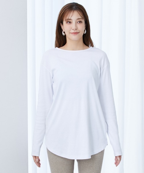 セール】高身長 綿100％ラウンドヘムロング丈Tシャツ