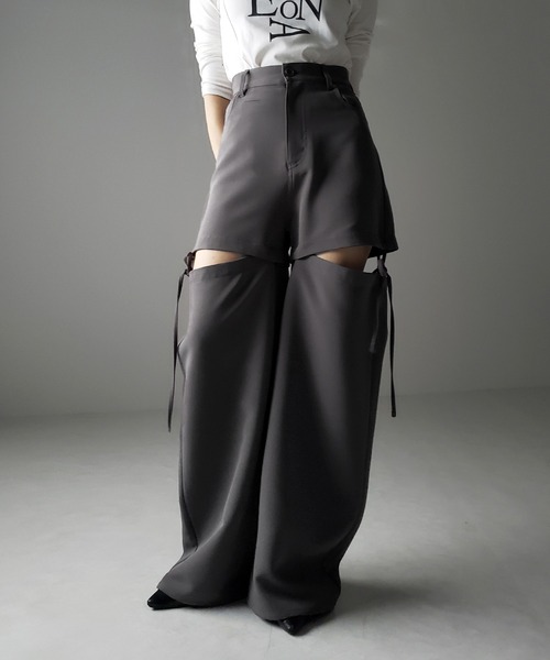 me+em select（ミームセレクト）の「※※【 ３WAY 】ストラップリボンカットアウトハイウエストワイドスラックスパンツ（スラックス・レディース・ピンク/チャコール/アイボリー/ブラック・LARGE/MEDIUM/SMALL）」の14枚目の写真