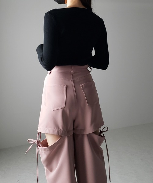 me+em select（ミームセレクト）の「※※【 ３WAY 】ストラップリボンカットアウトハイウエストワイドスラックスパンツ（スラックス・レディース・ピンク/チャコール/アイボリー/ブラック・LARGE/MEDIUM/SMALL）」の21枚目の写真