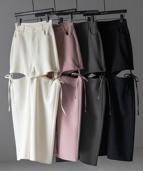 me+em select（ミームセレクト）の「※※【 ３WAY 】ストラップリボンカットアウトハイウエストワイドスラックスパンツ（スラックス・レディース・ピンク/チャコール/アイボリー/ブラック・LARGE/MEDIUM/SMALL）」の5枚目の写真