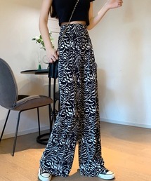 柄 プリーツワイドパンツ 夏レディース