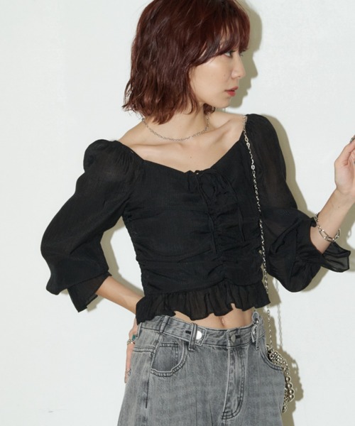 Auntie Rosa Holiday(アンティローザホリデー)の「シャーリングクロップドブラウス(シャツ/ブラウス・レディース・ブラック/イエロー/オフホワイト・FREE)」の13枚目の写真