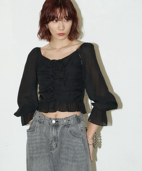 Auntie Rosa Holiday(アンティローザホリデー)の「シャーリングクロップドブラウス(シャツ/ブラウス・レディース・ブラック/イエロー/オフホワイト・FREE)」の15枚目の写真