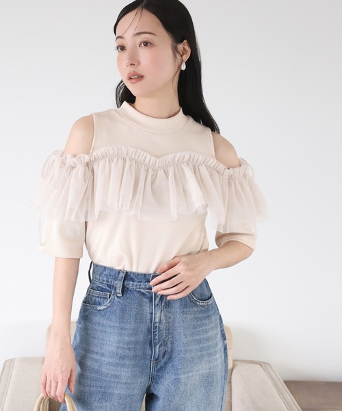 one after another NICE CLAUP(ワンアフターアナザーナイスクラップ)の「チュールテレコトップス(Tシャツ/カットソー・レディース・ブラック/オフホワイト/ベージュ・FREE)」の1枚目の写真