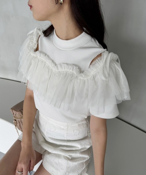 one after another NICE CLAUP(ワンアフターアナザーナイスクラップ)の「チュールテレコトップス(Tシャツ/カットソー・レディース・ブラック/オフホワイト/ベージュ・FREE)」の6枚目の写真