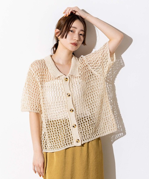 Torrazzo Donna（トラッゾドンナ）の「メッシュ5分袖襟付カーディガン（Tシャツ/カットソー・レディース・アイボリー/ブラック・FREE）」の2枚目の写真