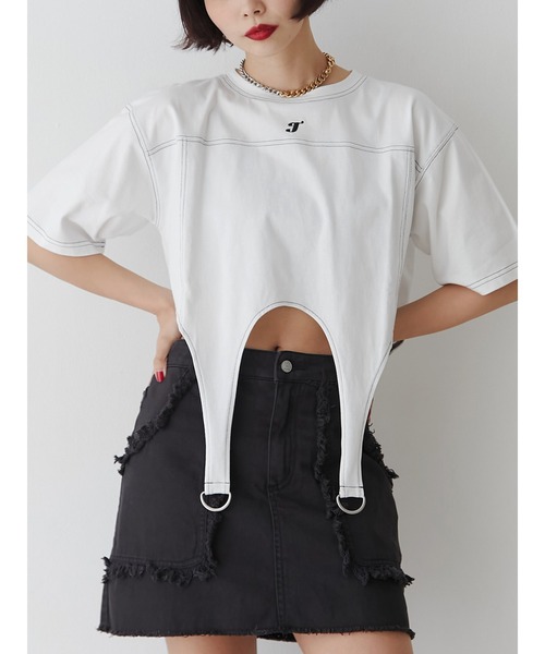 jouetie（ジュエティ）の「ガーターTシャツ（Tシャツ/カットソー・レディース・ブルー/オフホワイト/ブラック・MEDIUM）」の2枚目の写真