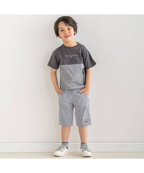 BeBe（ベベ）の「【吸水速乾】上下配色サイドポケット半袖BIGTシャツ(90~150cm)（Tシャツ/カットソー・キッズ・ブルー/グレー・140cm/150cm/110cm/120cm/130cm/100cm/90cm）」の3枚目の写真