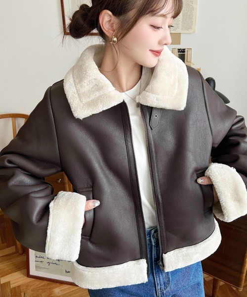 セール】フェイクレザー×フェイクファームートンショートブルゾン