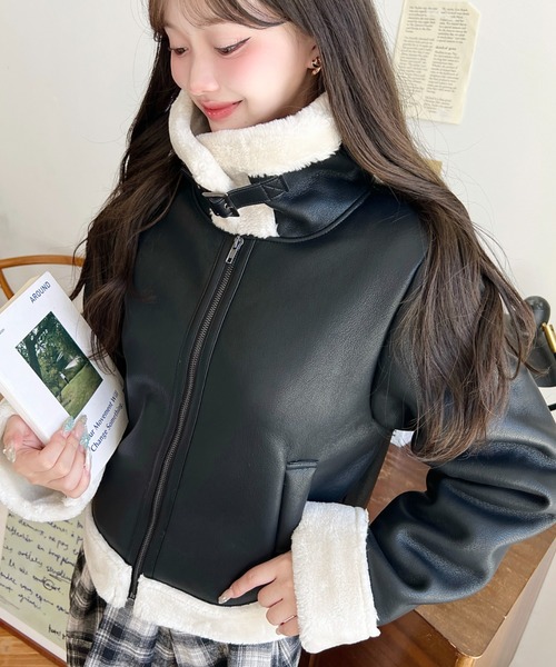 セール】フェイクレザー×フェイクファームートンショートブルゾン