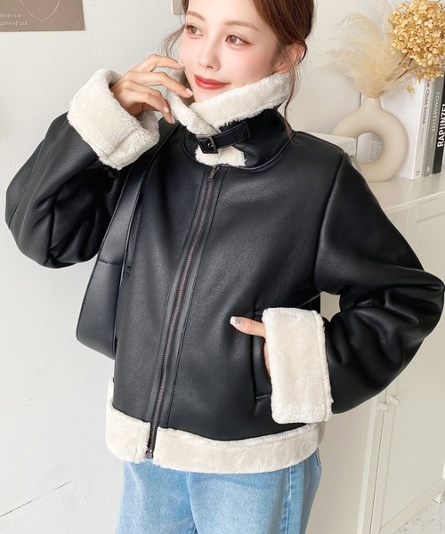 セール】フェイクレザー×フェイクファームートンショートブルゾン